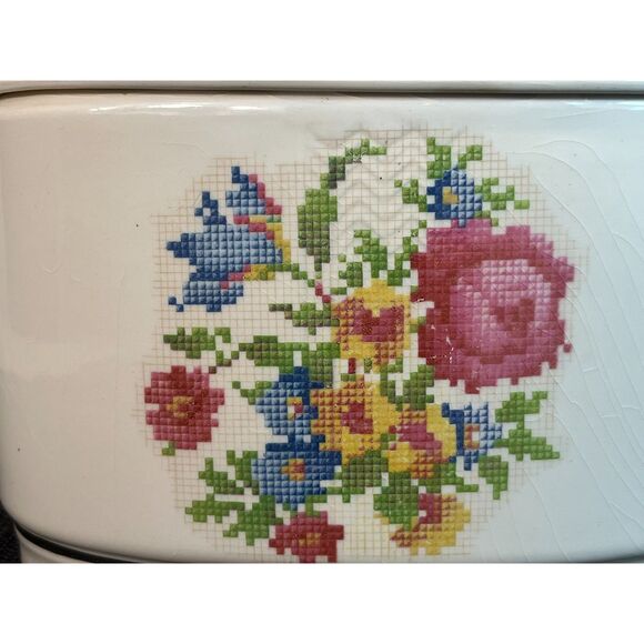 Vintage Petit Point Floral Needlepoint Harker Pottery Canister w/Lid USA Roses - Picture 2 of 13